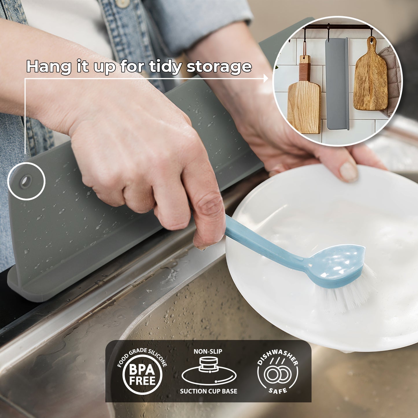 Silicone Sink Splash Guard + Soap Tray (View on Amazon)