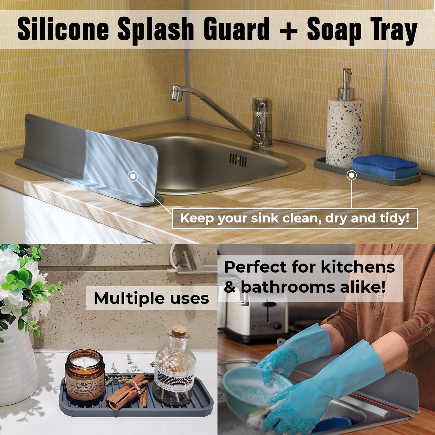 Silicone Sink Splash Guard + Soap Tray (View on Amazon)