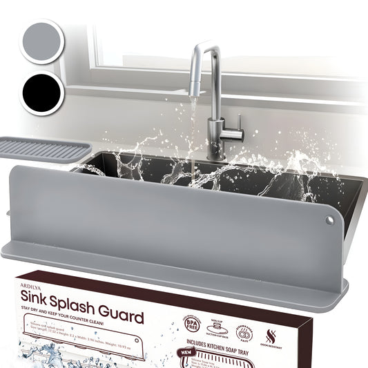 Silicone Sink Splash Guard + Soap Tray (View on Amazon)